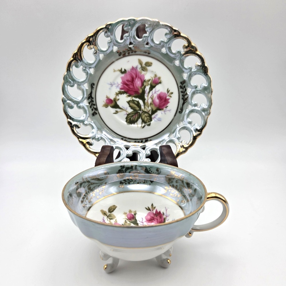 Vintage Royal Sealy Iridescent Teal Luster Glaze Lattice Rose Teacup And Saucer